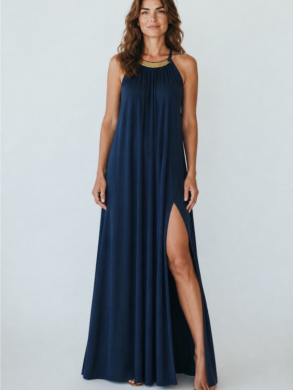 Elegant MICHAEL KORS Navy Blue, Gold-Toned Grooved
Halter Neck Maxi Dress  Small